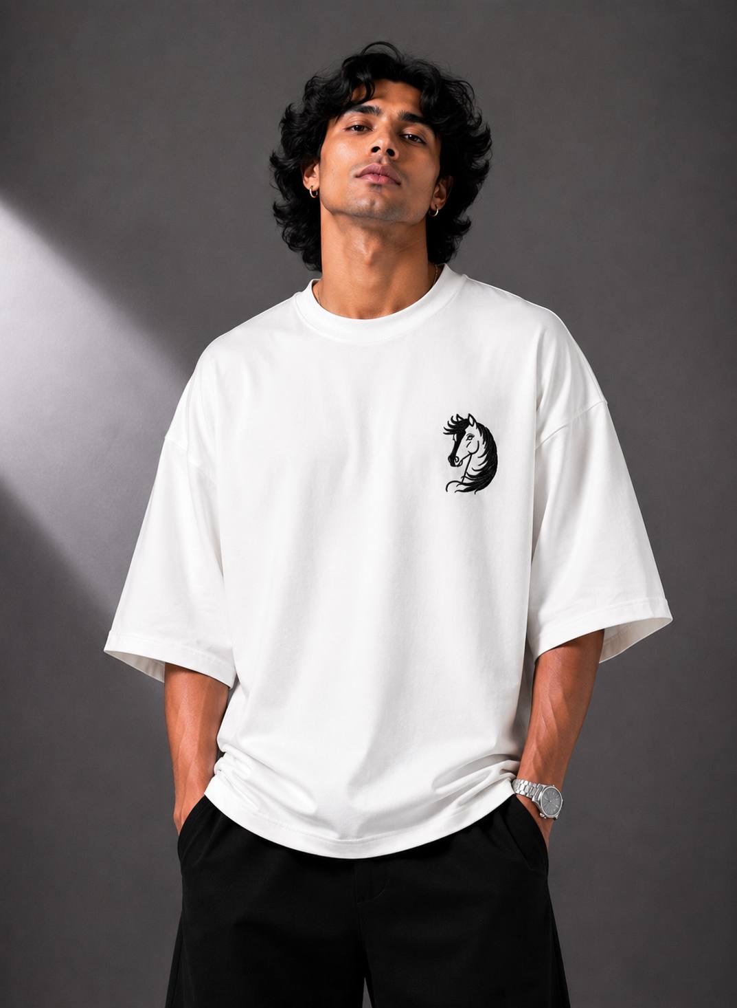 Zellee Minimalist "Equestrian Crest" Chest Embroidered Boxy Oversized Relaxed Fit T-Shirt